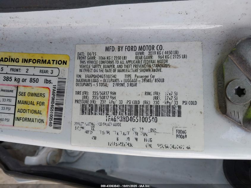 2016 Ford Fusion Se VIN: 1FA6P0HD4G5100540 Lot: 43363543