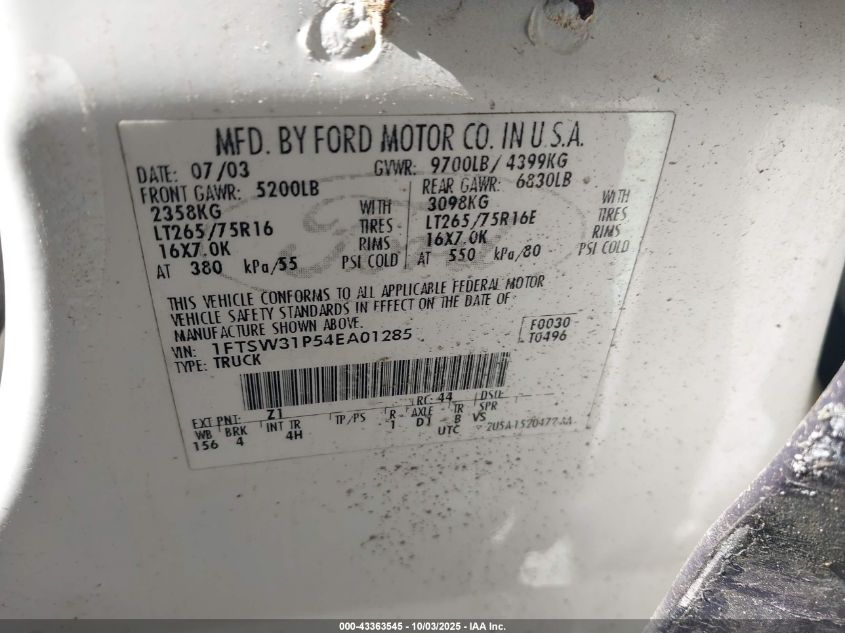 2004 Ford F-350 Lariat/Xl/Xlt VIN: 1FTSW31P54EA01285 Lot: 43363545