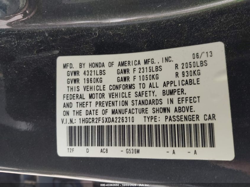 2013 Honda Accord Sport VIN: 1HGCR2F5XDA226310 Lot: 43363550