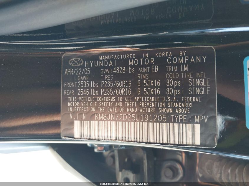 2005 Hyundai Tucson Gls/Lx VIN: KM8JN72D25U191205 Lot: 43363560