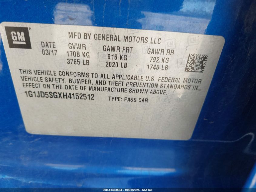 2017 Chevrolet Sonic Lt Auto VIN: 1G1JD5SGXH4152512 Lot: 43363564