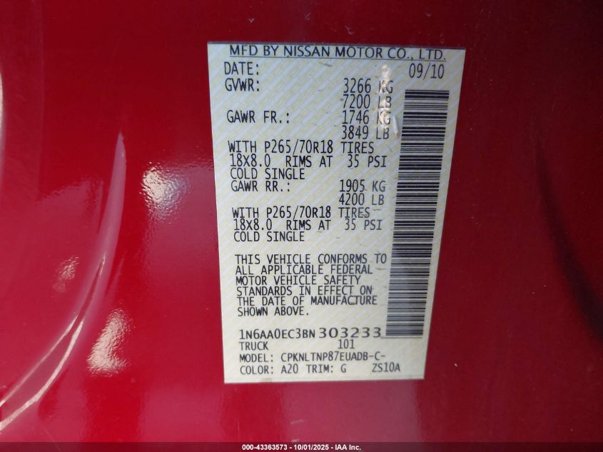 2011 Nissan Titan Sv VIN: 1N6AA0EC3BN303233 Lot: 43363573