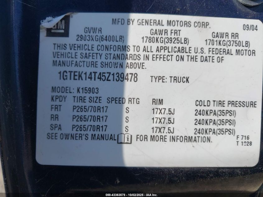 2005 GMC Sierra 1500 Sle VIN: 1GTEK14T45Z139478 Lot: 43363578