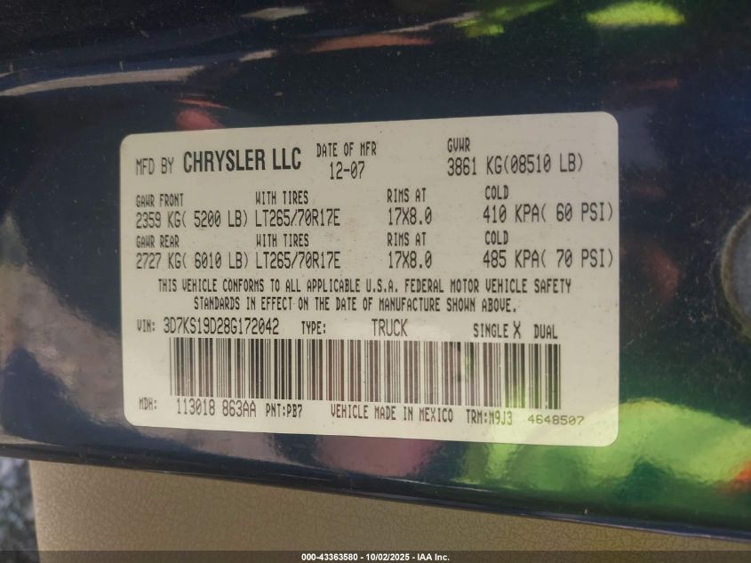 2008 Dodge Ram 1500 Sxt/Slt VIN: 3D7KS19D28G172042 Lot: 43363580