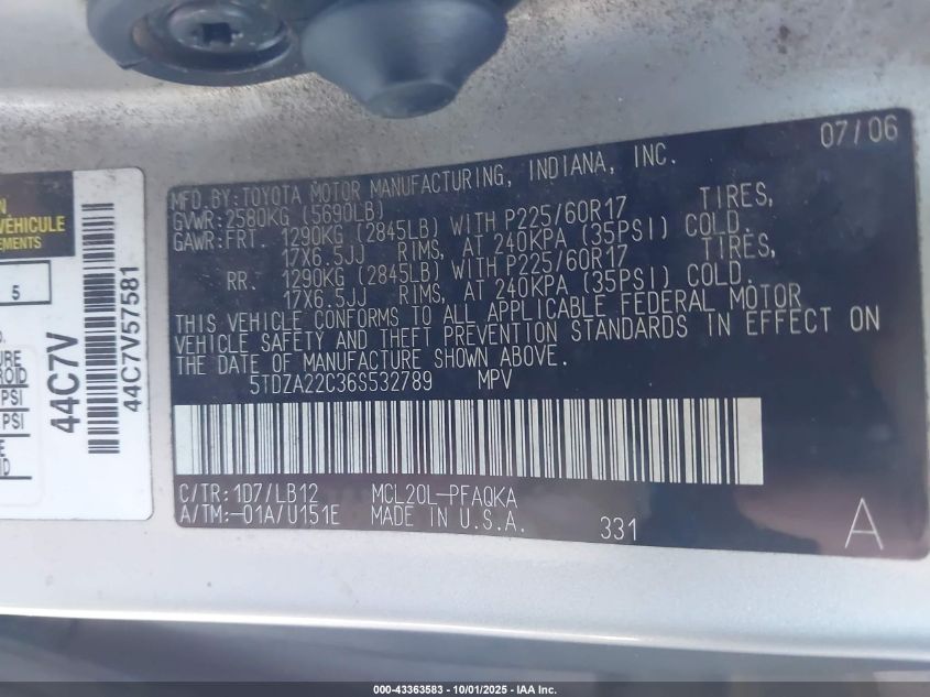 2006 Toyota Sienna Xle Limited VIN: 5TDZA22C36S532789 Lot: 43363583