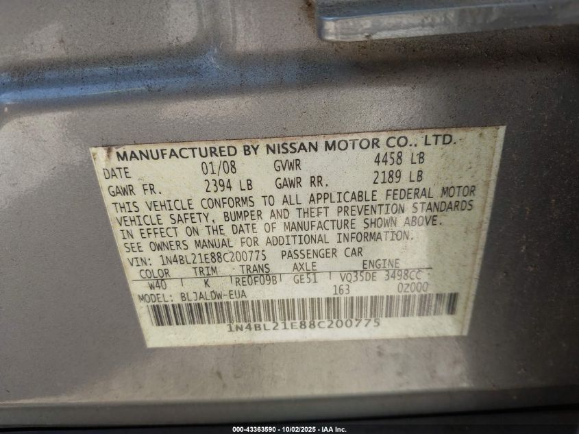 2008 Nissan Altima 3.5 Se VIN: 1N4BL21E88C200775 Lot: 43363590