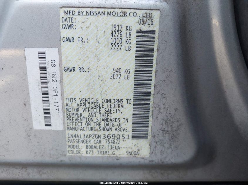 2016 Nissan Altima 2.5/2.5 S/2.5 Sl/2.5 Sr/2.5 Sv VIN: 1N4AL3AP2GN369051 Lot: 43363591