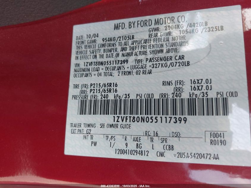 2005 Ford Mustang V6 Deluxe/V6 Premium VIN: 1ZVFT80N055117399 Lot: 43363598