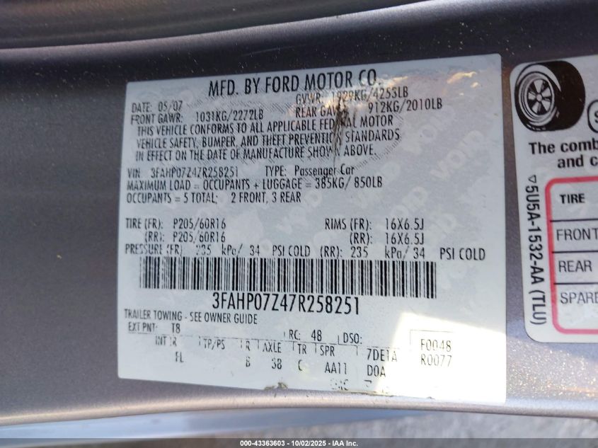 2007 Ford Fusion Se VIN: 3FAHP07Z47R258251 Lot: 43363603