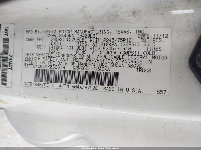 2013 Toyota Tacoma Prerunner V6 VIN: 5TFTU4GN4DX036619 Lot: 43363604