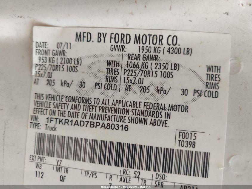 2011 Ford Ranger Xl VIN: 1FTKR1AD7BPA80316 Lot: 43363607