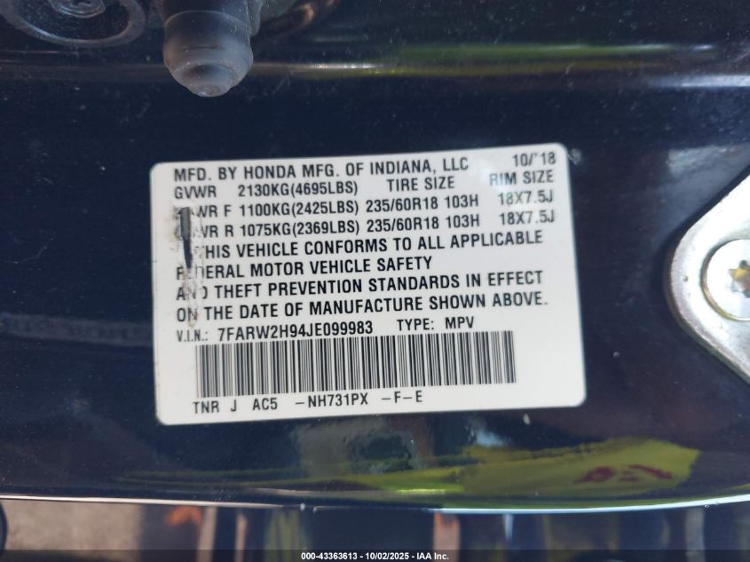 2018 Honda Cr-V Touring VIN: 7FARW2H94JE099983 Lot: 43363613