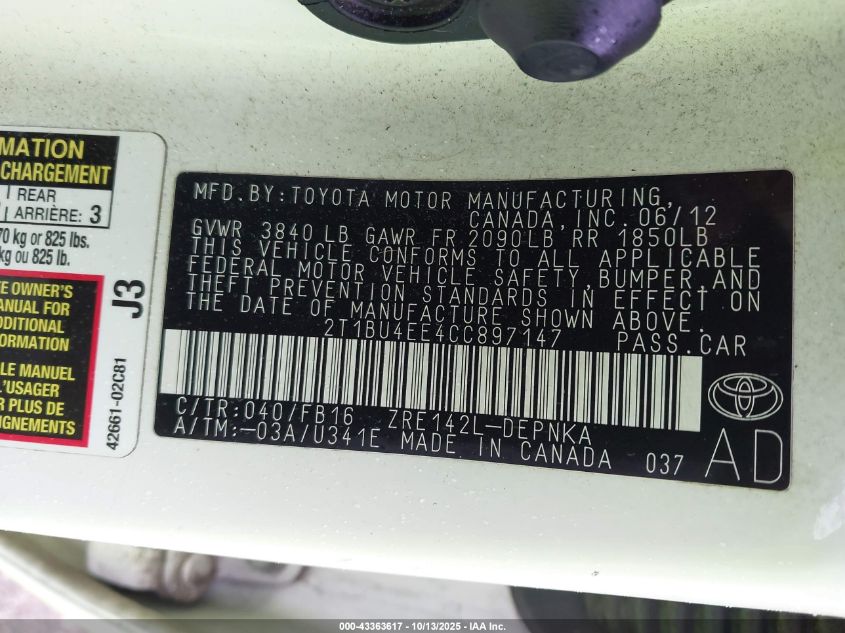 2012 Toyota Corolla Le VIN: 2T1BU4EE4CC897147 Lot: 43363617