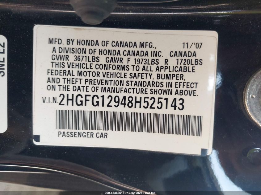 2008 Honda Civic Ex-L VIN: 2HGFG12948H525143 Lot: 43363618