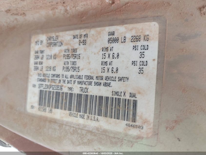 1993 Dodge Dakota VIN: 1B7FL23X3PS233536 Lot: 43363640