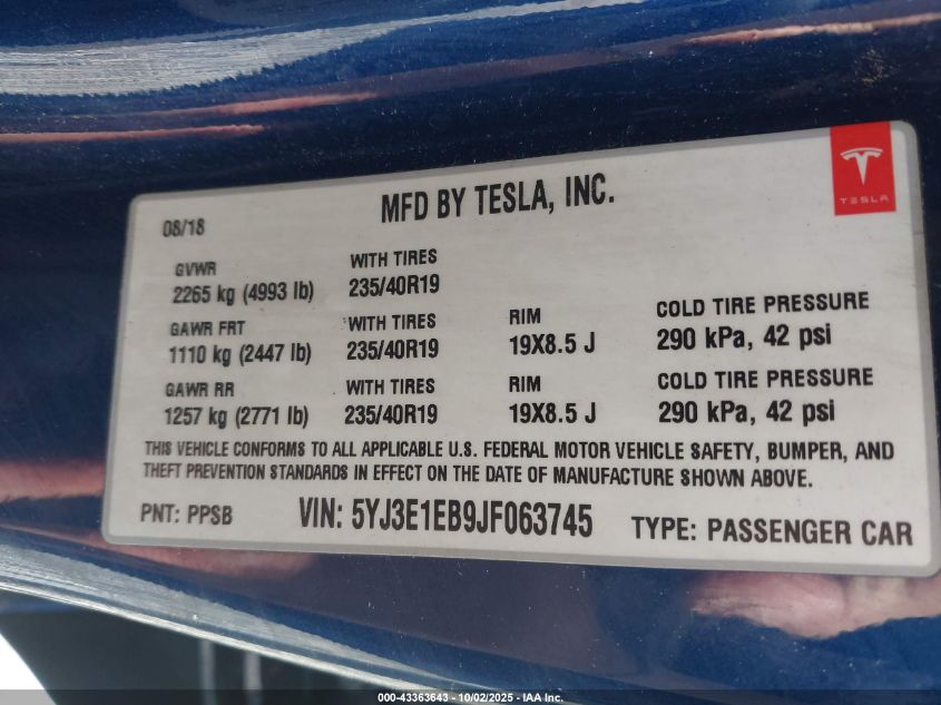 2018 Tesla Model 3 Long Range/Performance VIN: 5YJ3E1EB9JF063745 Lot: 43363643