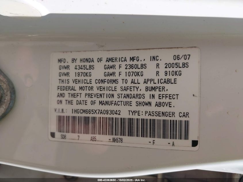2007 Honda Accord 3.0 Ex VIN: 1HGCM665X7A093042 Lot: 43363650