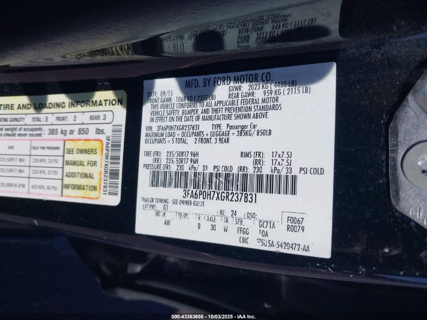 2016 Ford Fusion Se VIN: 3FA6P0H7XGR237831 Lot: 43363656