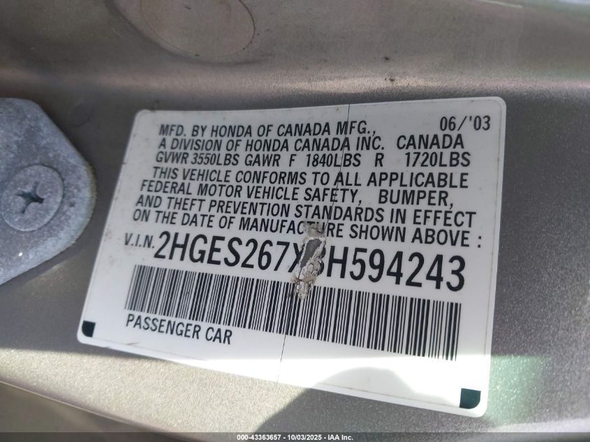 2003 Honda Civic Ex VIN: 2HGES267X3H594243 Lot: 43363657