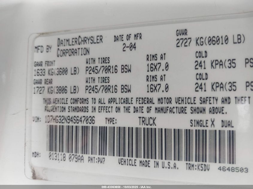 2004 Dodge Dakota Sport VIN: 1D7HG32N94S647036 Lot: 43363658