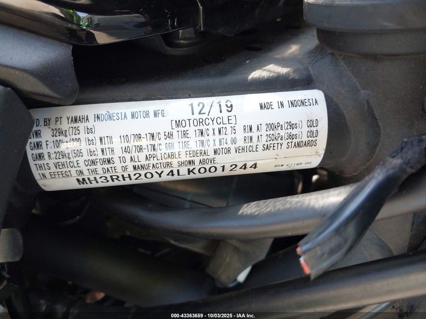 2020 Yamaha Mt-03 VIN: MH3RH20Y4LK001244 Lot: 43363659