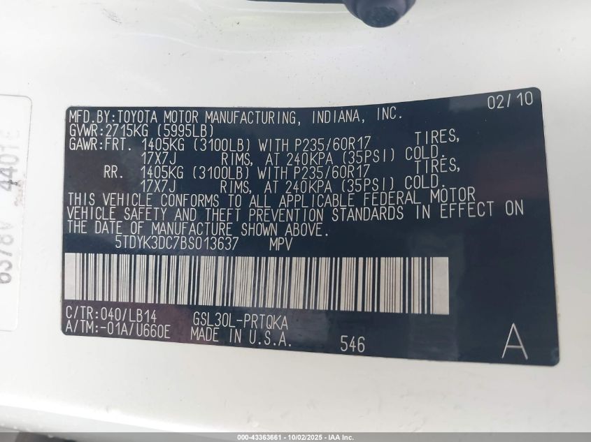 2011 Toyota Sienna Xle V6 VIN: 5TDYK3DC7BS013637 Lot: 43363661