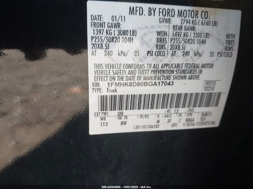 2011 Ford Explorer Xlt VIN: 1FMHK8D80BGA17043 Lot: 43363665