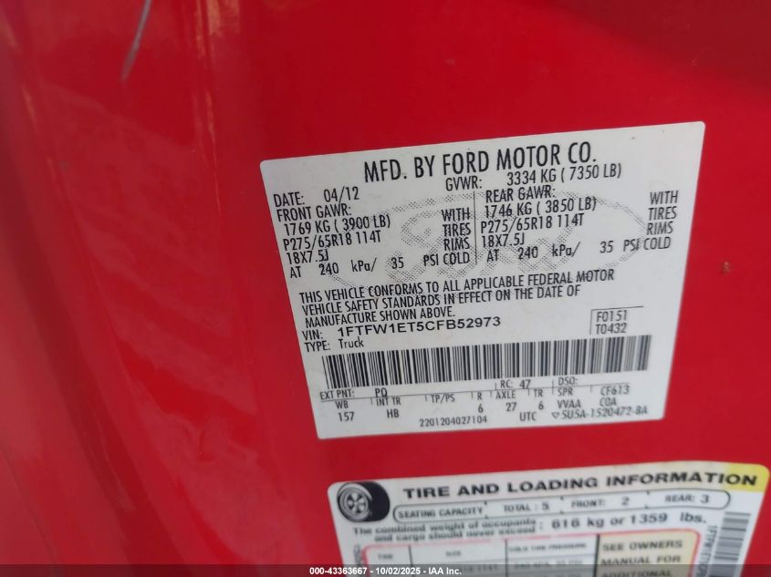 2012 Ford F-150 Lariat VIN: 1FTFW1ET5CFB52973 Lot: 43363667