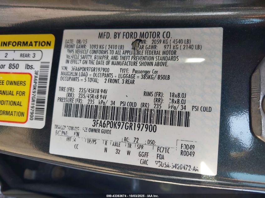 2016 Ford Fusion Titanium VIN: 3FA6P0K97GR197900 Lot: 43363674