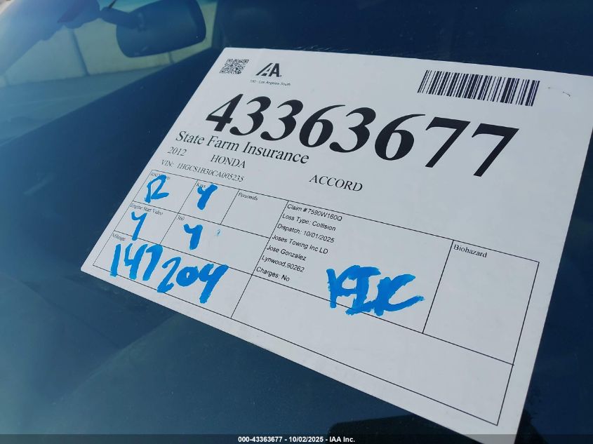 2012 Honda Accord 2.4 Lx-S VIN: 1HGCS1B30CA005235 Lot: 43363677