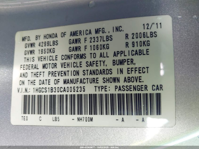 2012 Honda Accord 2.4 Lx-S VIN: 1HGCS1B30CA005235 Lot: 43363677