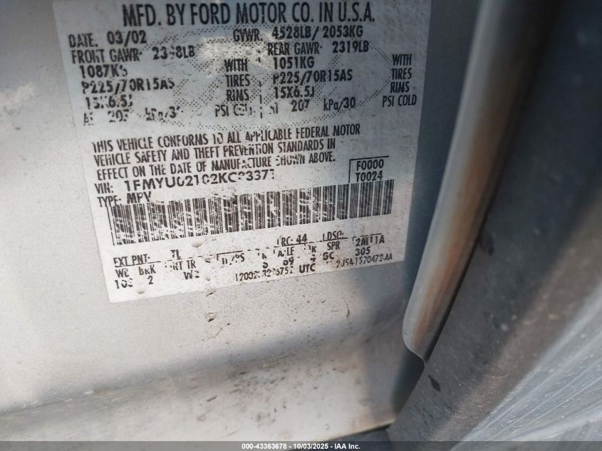 2002 Ford Escape Xls VIN: 1FMYU02102KC83371 Lot: 43363678