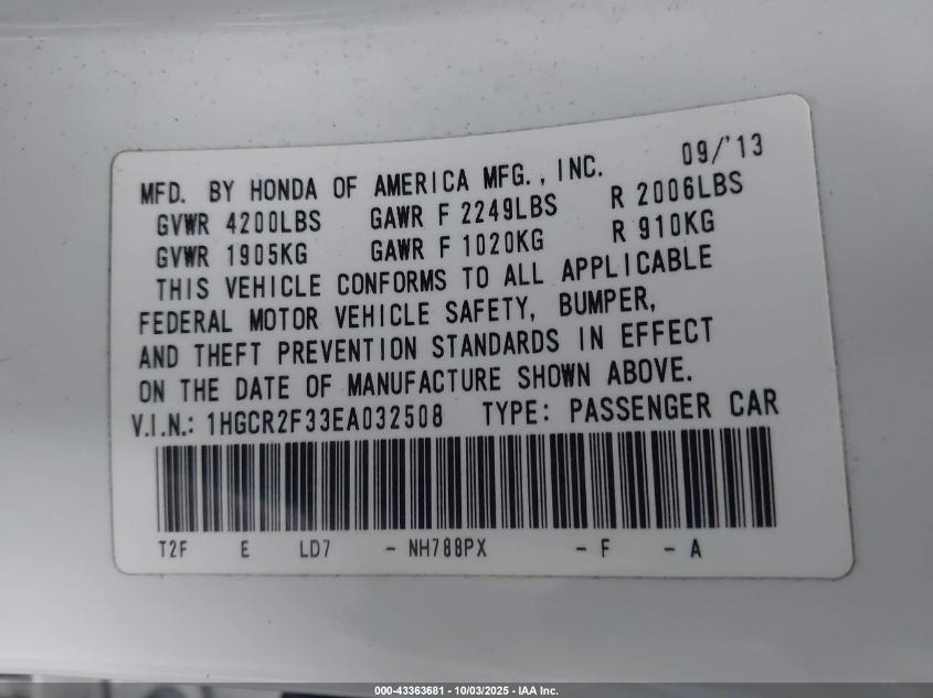 2014 Honda Accord Lx VIN: 1HGCR2F33EA032508 Lot: 43363681