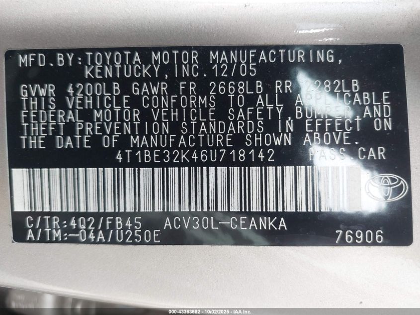 2006 Toyota Camry Le VIN: 4T1BE32K46U718142 Lot: 43363682