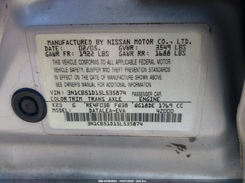 2005 Nissan Sentra 1.8S VIN: 3N1CB51D15L535874 Lot: 43363683