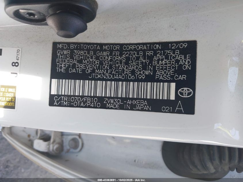 2010 Toyota Prius Ii VIN: JTDKN3DU4A0106199 Lot: 43363691