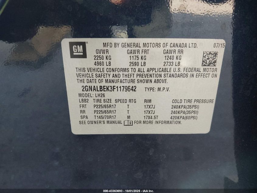 2015 Chevrolet Equinox 1Lt VIN: 2GNALBEK3F1179642 Lot: 43363693