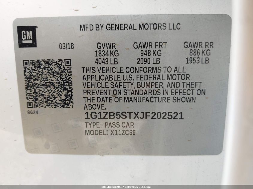 2018 Chevrolet Malibu 1Ls VIN: 1G1ZB5STXJF202521 Lot: 43363695