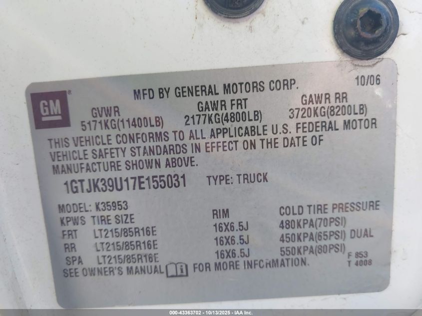 2007 GMC Sierra 3500 Classic Work Truck VIN: 1GTJK39U17E155031 Lot: 43363702
