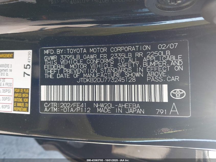 2007 Toyota Prius VIN: JTDKB20U773245128 Lot: 43363705