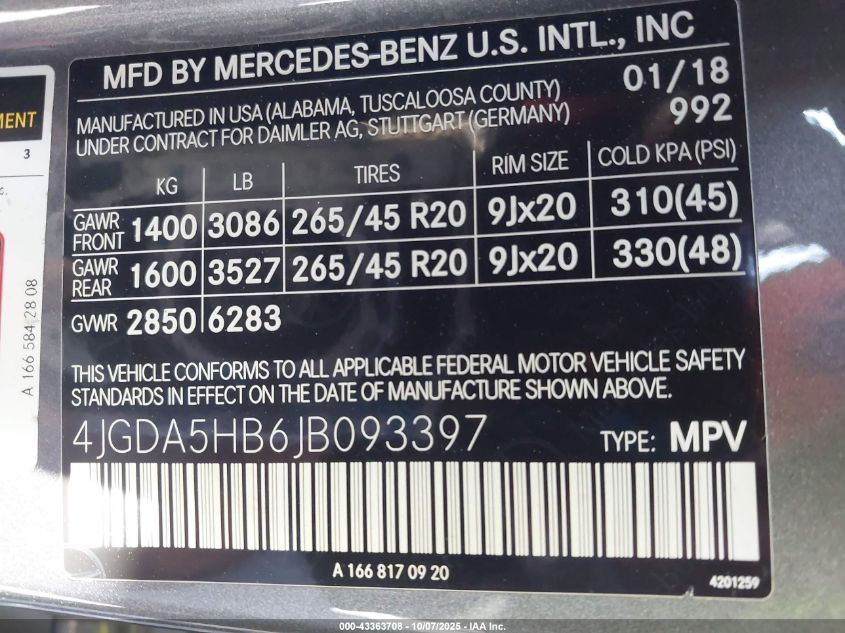 2018 Mercedes-Benz Gle 350 4Matic VIN: 4JGDA5HB6JB093397 Lot: 43363708