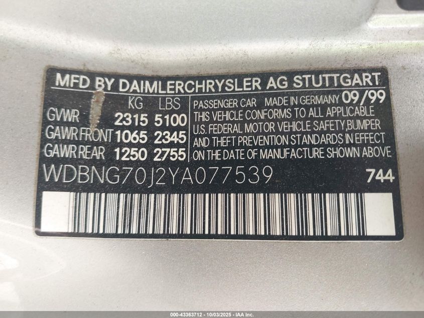 2000 Mercedes-Benz S 430 VIN: WDBNG70J2YA077539 Lot: 43363712