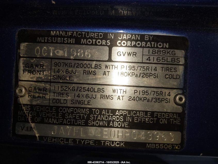 1987 Mitsubishi Mighty Max / S Sport VIN: JA7FL44E0HP043963 Lot: 43363714