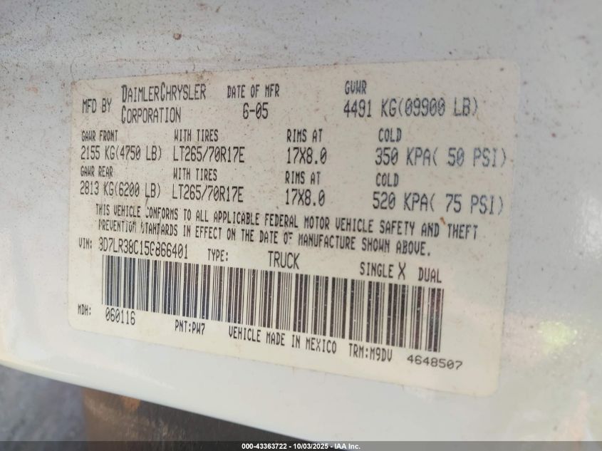 2005 Dodge Ram 3500 Slt/Laramie VIN: 3D7LR38C15G866401 Lot: 43363722