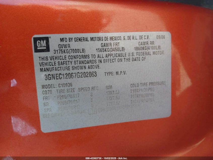 2007 Chevrolet Avalanche 1500 Ls VIN: 3GNEC12067G202063 Lot: 43363738