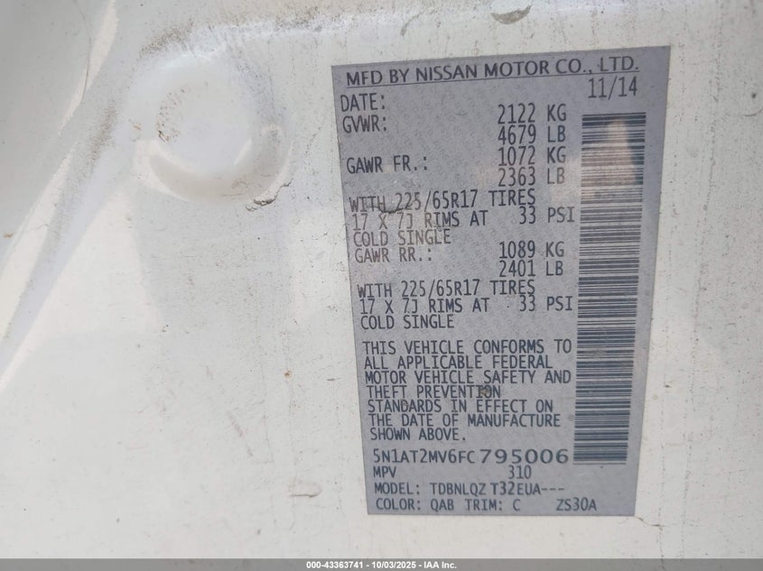 2015 NISSAN ROGUE SV - 5N1AT2MV6FC795006