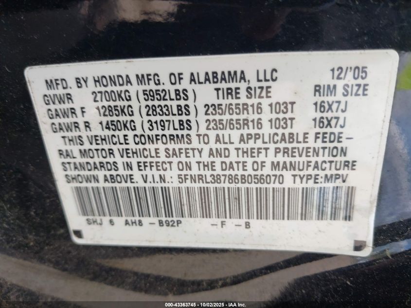 2006 Honda Odyssey Ex-L VIN: 5FNRL38786B056070 Lot: 43363745