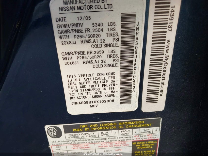 2006 Infiniti Fx35 VIN: JNRAS08U16X102008 Lot: 43363747