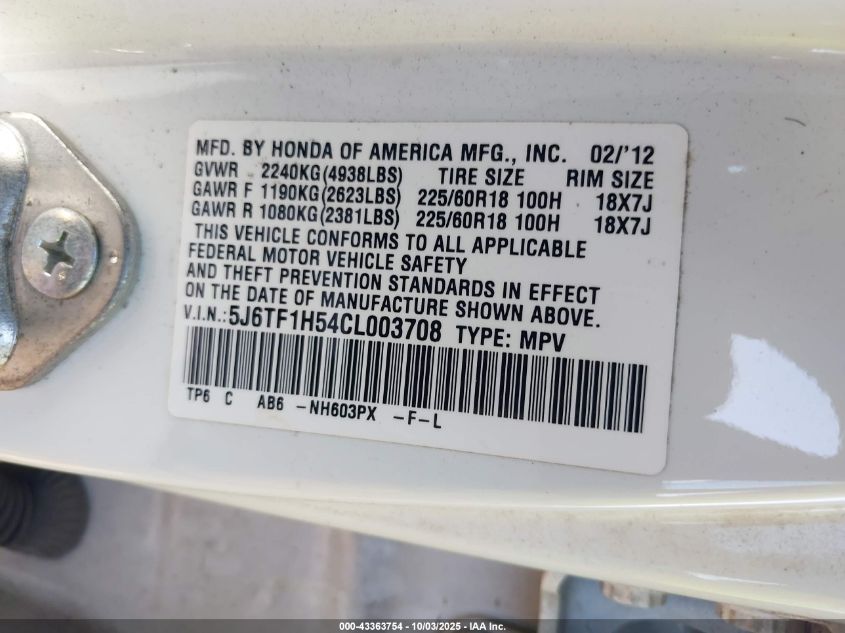2012 Honda Crosstour Ex-L VIN: 5J6TF1H54CL003708 Lot: 43363754
