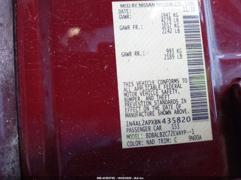 2011 Nissan Altima 2.5 S VIN: 1N4AL2APXBN435820 Lot: 43363755